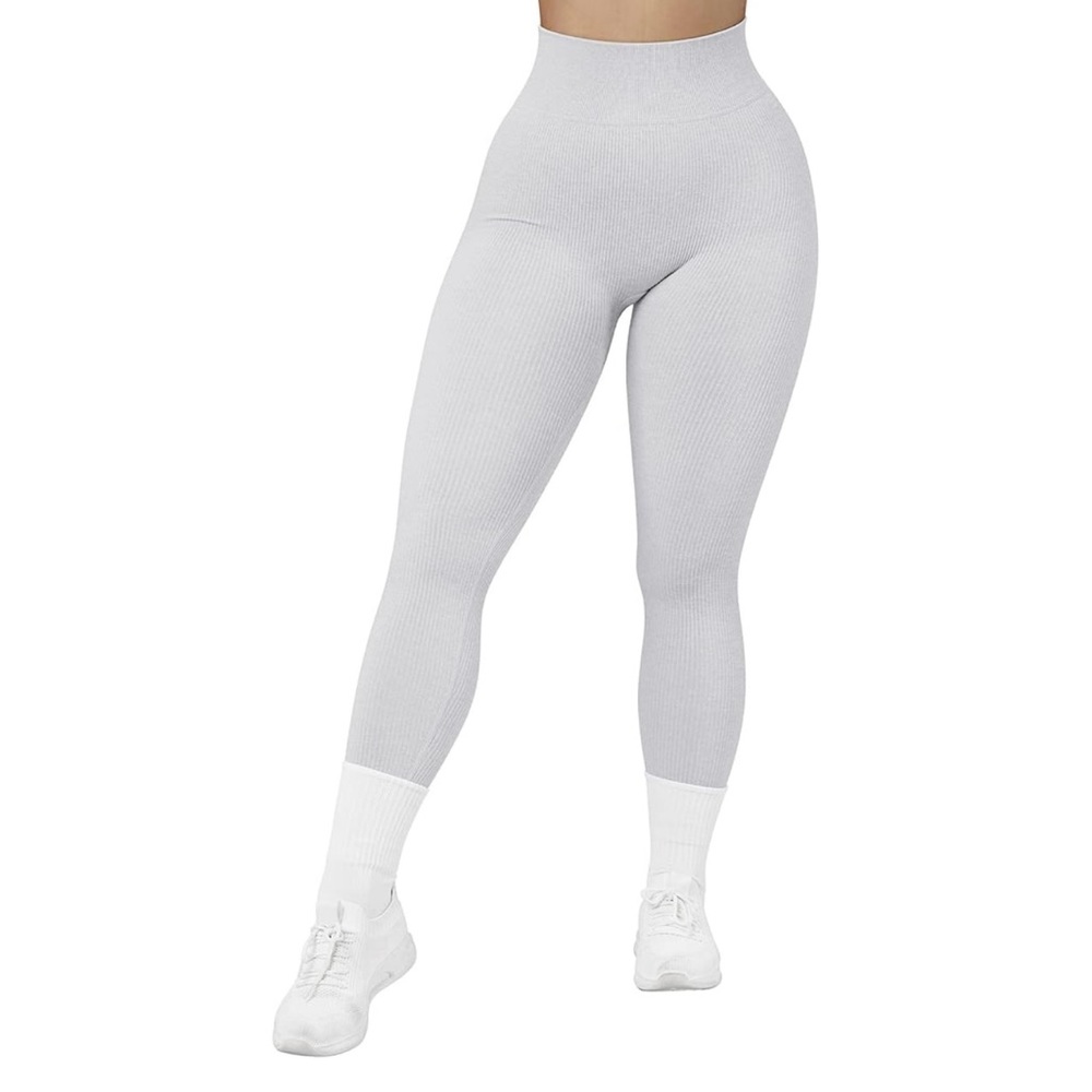 Amazon Women Ribbed Seamless Leggings High Waisted Marl Light Grey Size L